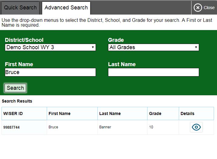 Overview of the Test Administrator Interface To perform an advanced search: 1. Click Student Lookup > Advanced Search. a. Select the appropriate district and school from the drop-down lists.