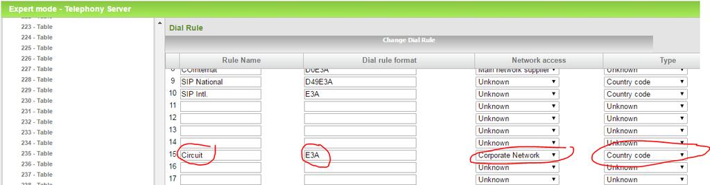 Create dial rule E3A, Network access = corporate network, type =country code Configure Route table: select