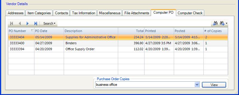 Click the Computer PO folder to view the various manual and computer purchase orders for this vendor.