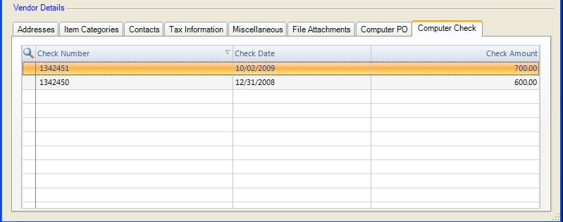 10. Click the Computer Check folder to view the various computer checks disbursed to this vendor. This window shows the check number, check date, and check amount. 11.