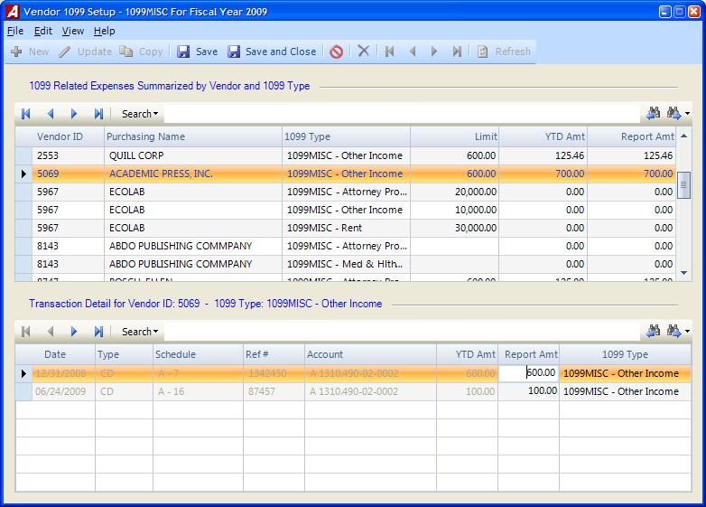 This window shows the 1099 related expenses summarized by vendor and 1099 type.
