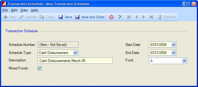 Field Schedule Number Schedule Type Description Mixed Funds Description When adding a new schedule, nvision Accounting assigns the next sequential number for the fund and fiscal year.