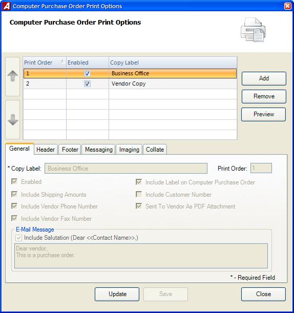 Purchase Order Print Options The Purchase Order Print Options Setup routine is used if you are printing laser computer purchase orders.