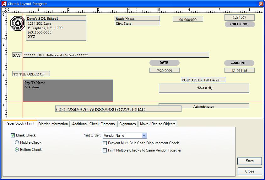 AP Check Layout The AP Check Layout setup is used to customize and design the look of your Accounts Payable checks and re-position the information that is to be displayed on the printed check
