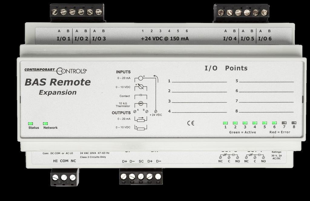 Diagram B BASREMOTE EXPANSION DEVICE Dry-Contact Inputs 0-10 VDC Each device can handle up to 6 signals CH 1-3 CH 4-6 DO NOT REMOVE LEDs - Staus/Network Power Input 24 VDC Expansion Port Proprietary