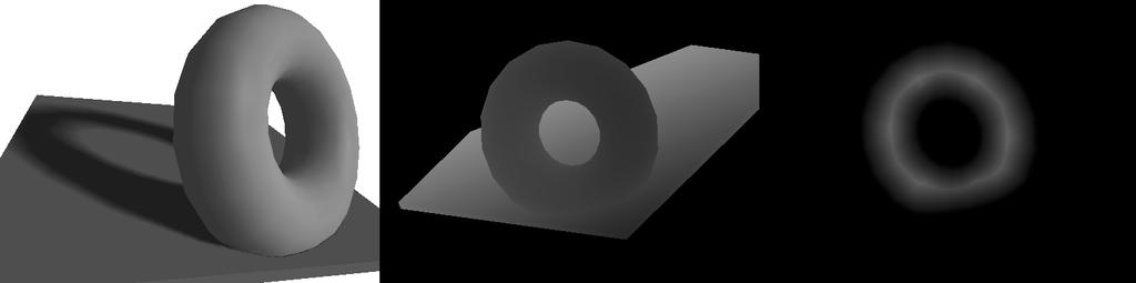 Light Source Figure 1. Left: torus with soft shadow. Center: depth-map. Right: shadow-width map. sd ( p) = z'-z( x', y') and the shadow width of p as sw ( p) = w( x', y').