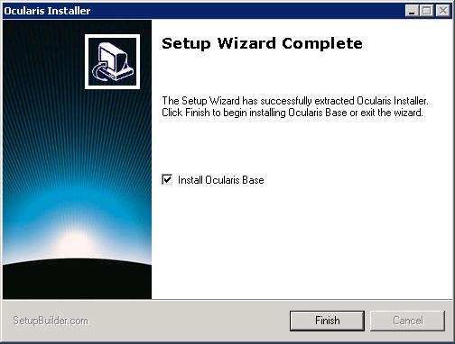 If you choose to: Figure 4 Extraction Setup Wizard Complete a. Install Ocularis Base now: make sure the corresponding checkbox is selected and click Finish. Proceed to Installing Ocularis Base below.