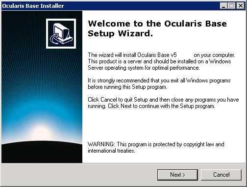 Installing Ocularis Base Ocularis Installation & Licensing Guide 3. The Ocularis Base Setup Wizard screen appears. Click Next. Figure 6 Ocularis Base Setup Wizard 4. The License Agreement appears.