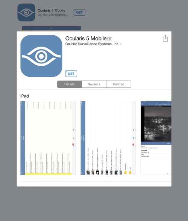 For Apple device's the following (or similar) screen should appear: Tap Get to install the Ocularis 5 Mobile app on the Apple