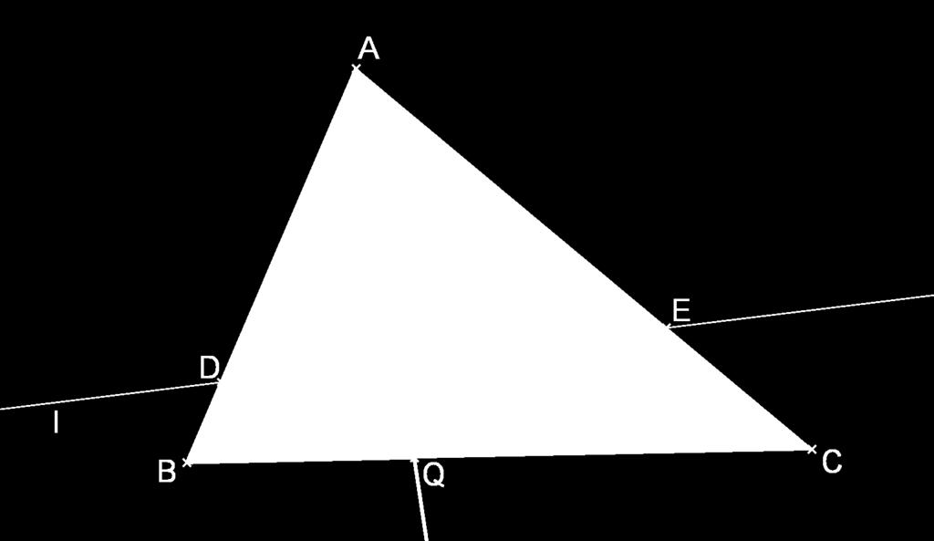 Figure 5: A line through an interior point of a triangle intersects either two sides, or goes through a vertex and intersects the opposite side. Answer.