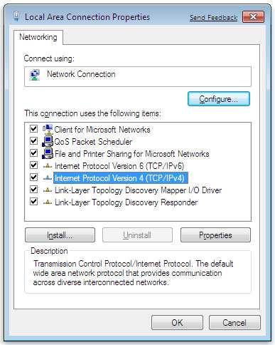 3. In the Networking tab, click Internet Protocol Version 4 (TCP/IPv4), and then click Properties. 4. In the properties dialog box, click Use the following IP address: to configure your computer for Static TCP/IP.