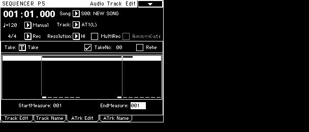 4. With the sequencer stopped, press P5 and touch Tab 3 (ATrk Edit). 5. In the Track field, select the audio track you just recorded. 6. In the Page Menu, select Audio Event Edit.
