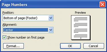 the OK button. Word inserts page numbers in the location you specified.
