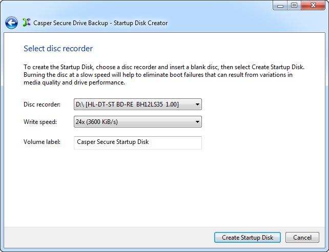 If creating a bootable CD or DVD, select a disc recorder and