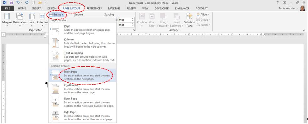 LIBRARY AND LEARNING SERVICES FORMATTING YOUR DOCUMENT NB: To have pages of portrait and landscape orientation in a single document, use section breaks between the affected pages. To do this:- 1.