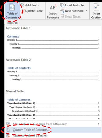 LIBRARY AND LEARNING SERVICES TABLE OF CONTENTS Once you have made your selection, click on Automatic Table 1 or 2, this will automatically