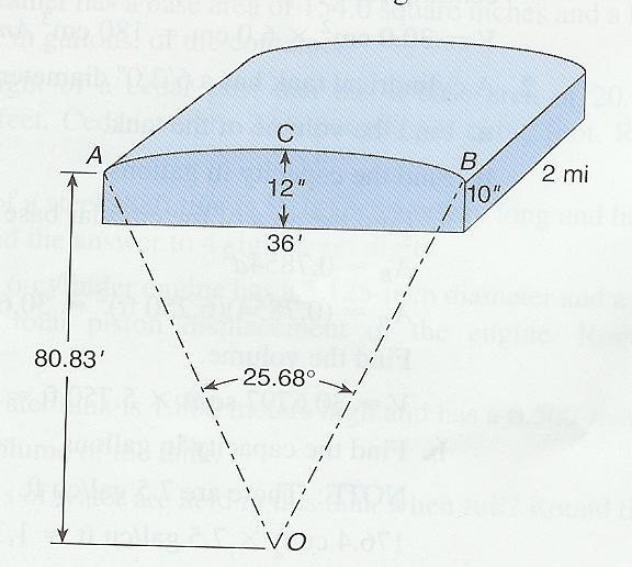 7) Refer to #2 on page 58 in the text. The figure shown is the cross section of a road. It is shaped like a rectangle with a segment of a circle on top. The road is 2 miles long.