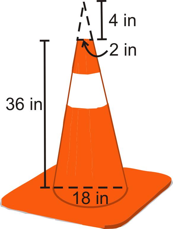 23. Find the area of the entire square. Then, subtract the area of the base of the cone. 24. Find the lateral area of the cone portion (include the 4 inch cut off top of the cone). 25.