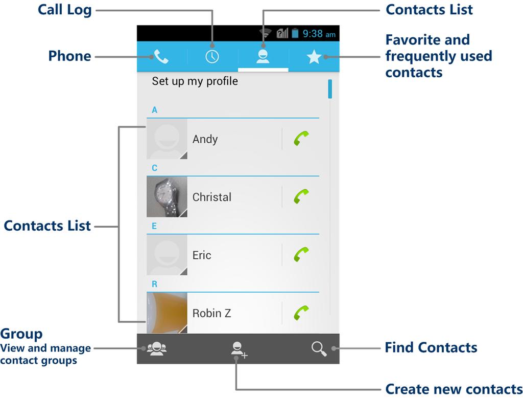 Contacts list: The contacts list displays all contacts currently stored in your phone, including Google contacts, Exchange ActiveSync contacts, Phone contacts, and contacts from other web accounts.