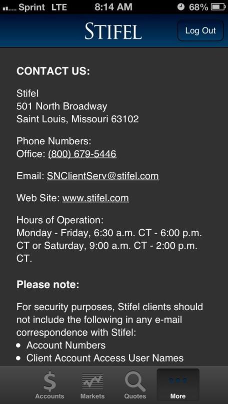 Stifel Mobile The More icon shows the contact information for Stifel