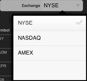 To view a different Exchange, select Exchange and choose from either the NYSE, NASDAQ, or AMEX.