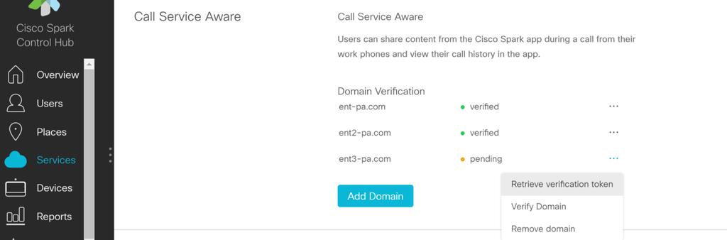 Verified Domains SIP domains must be verified to prevent someone else to use that domain and mitigate impersonation theft SIP domains must be