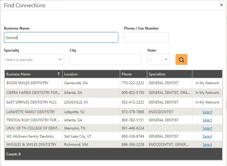 a. If searching for a provider you have not saved as a connection, use the search fields in Find Connections to find other providers in the FastAttach network. b.
