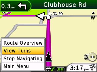 Viewing the Upcoming Turns After you have created a route, you can view each of your upcoming turns on the map. 1. Push the BlackBerry menu button. 2.