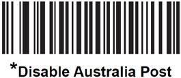 Australia Post Code Options: Australia Post Enable/Disable: Scan one of the following bar codes to enable/disable Australia Post.