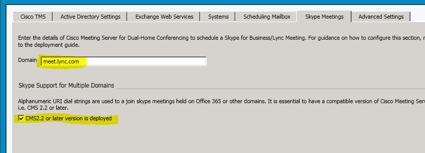 O365 OBTP Dual Homed: Configuration screenshots (*) TMSXE: Define CMS domain + Skype support for Multiple Domains CMS: Define CMS domain + Target Lync SimpleJoin ExpresswayC: call hairpinning to and