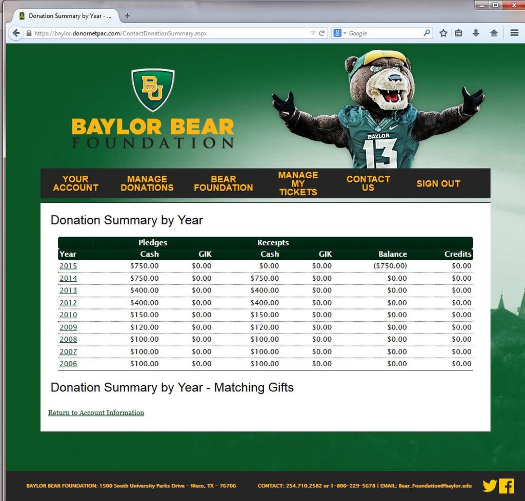 Complete Donation Summary: To view a summary of all contributions you have made to the Baylor Bear