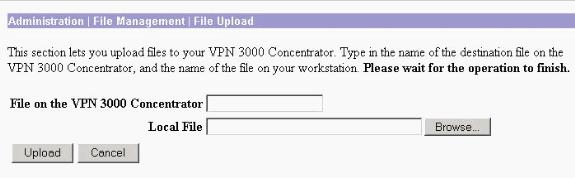 7. Enter config.bak in the File on the VPN 3000 Concentrator field and browse to the saved file on your PC (synconfig.txt). Then click Upload.