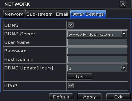 4.6.4 Other settings Digital Video Recorder User Manual Step 1: enable DDNS server: user needs to input user name, password and host domain name of the registered website, click TEST to test the