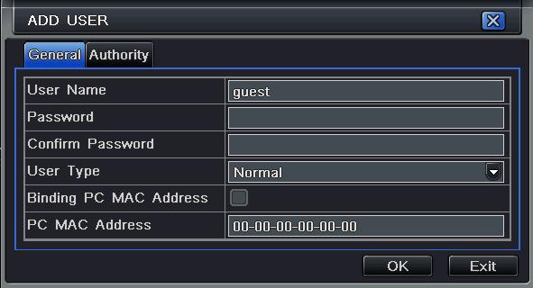 Note: when the default value of binding PC MAC address is 0, the user is not bind with the specify computer; the, the user can log in DVR on the binding computer after set