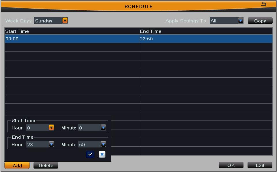 Fig 4-16 schedule configuration-week schedule Step4: User can copy and apply channel settings to the other channel or all channels.