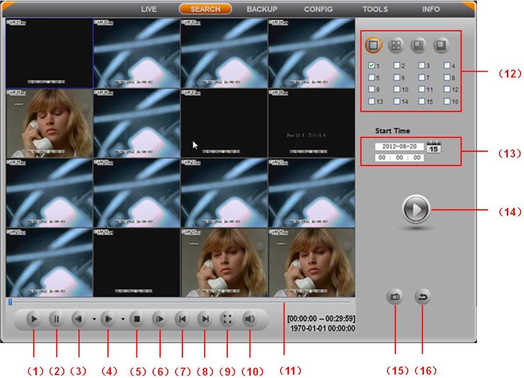 (1) Play (2) Pause (3) Backward / Rewind (4) Fast Forward (5) Stop (6) Next Frame (7) Previous Section (8) Next Section (9) Full Screen (10) Volume (11) Process Bar
