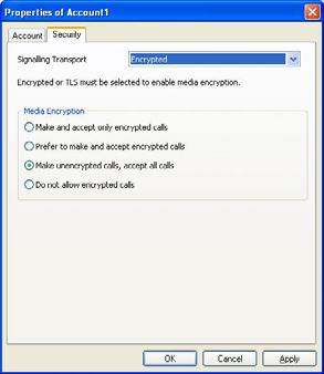 Chapter 3 - Account Settings Account Properties - Security You can set up Softalk for the type of security (encryption) you want for incoming and outgoing calls.
