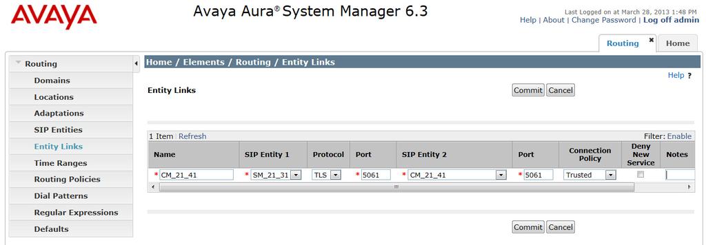 6.4. Add Entity Link The SIP trunk from Session Manager to Communication Manager and Nuance SA are described by Entity Links.