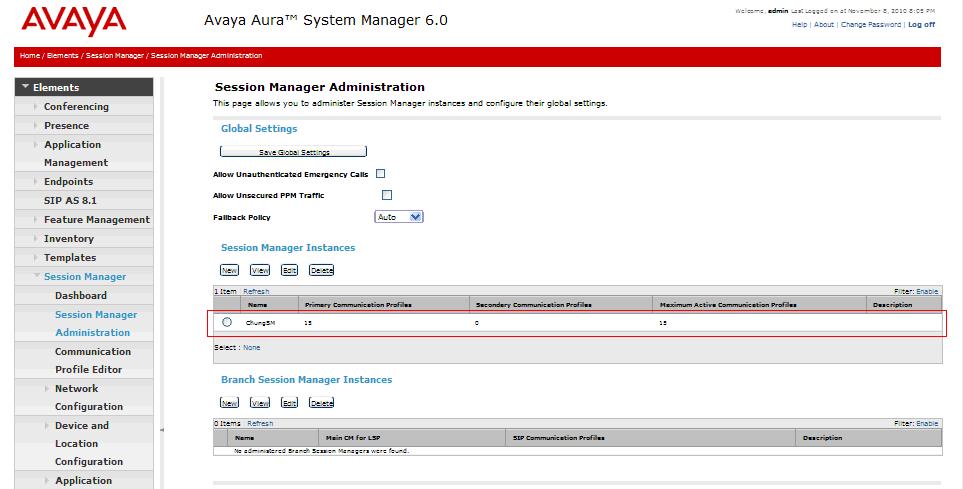 The following screen shows the Session Manager Instances section in the Session Manager Administration page.