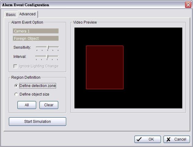4.1.5 Camera Event - Foreign Object Alarm will be set off when an object appears in the defined area on the screen.