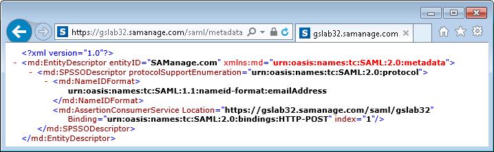 Appendix Your Samanage account s ACS URL is: https://<account_name>.samanage.com/saml/metadata. The ACS URL in this example is https://gslab32.samanage.com/saml_login/gslab32.