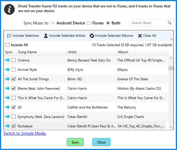 Click "Copy tracks to itunes" to copy new music from Android to itunes -or- Click "Copy tracks to Android" to copy new music from your itunes library to your Android device.
