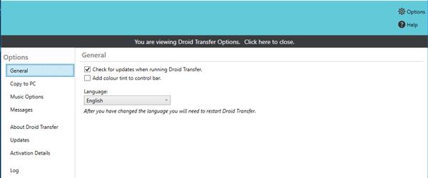 Droid Transfer Options and Customization General Check for updates when running Droid transfer - Checking this box means that the program will