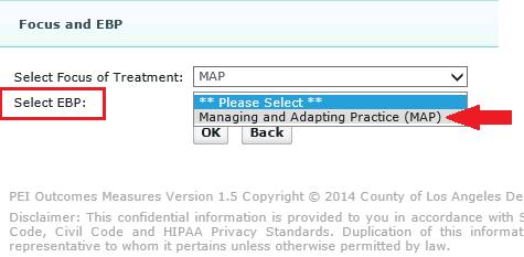 Next, click on the Select EBP dropdown list and select Managing and Adapting Practice (MAP).