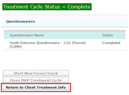 The application will redirect to the Treatment Cycle Status page. The status of each questionnaire will change from Pending to Completed once it has been submitted.