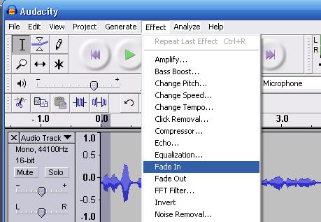 » Step 5 [Fading In and Out] One of the most useful effects is the Fade tool. Select the very beginning of your sound wave.