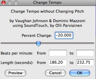 Changing Tempo You can use Audacity to slow the song down for rehearsal purposes and you can change the tempo without affecting the pitch of the song. 2. Go to Effect > Change tempo 3.