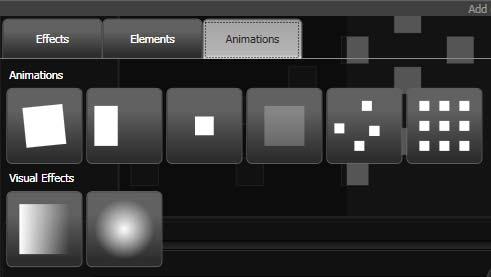 Available animations are: Rotate Slide Zoom Opacity/Fade Random Grid Fit (elements will accurately align with the pixel grid) Linear gradient Radial gradient Edit the parameters of the effect by