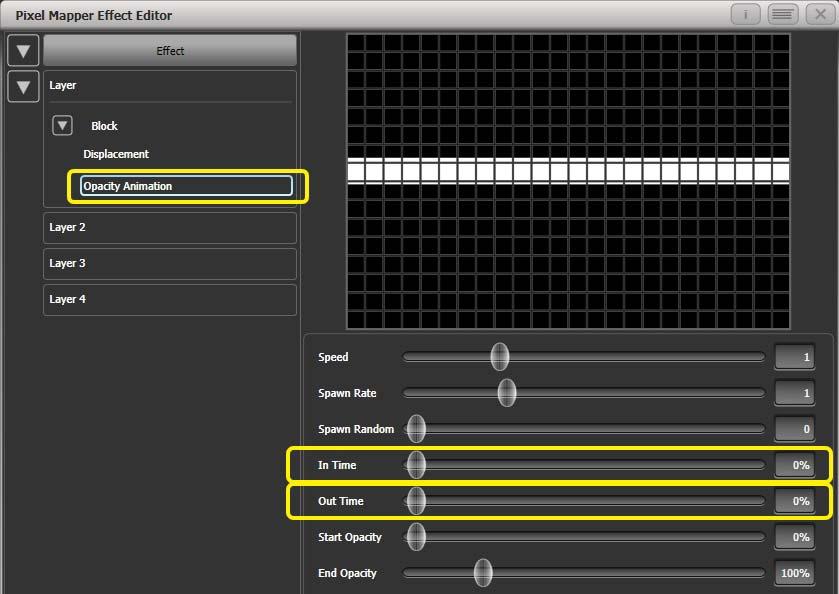 7> Add an Opacity animation. Reduce 'In Time' and 'Out Time' to create a snapping effect.