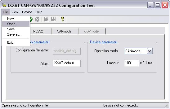 Configuration Tool 5.1.2 Loading and Saving a Configuration The configuration is loaded from a file via File -> Open.